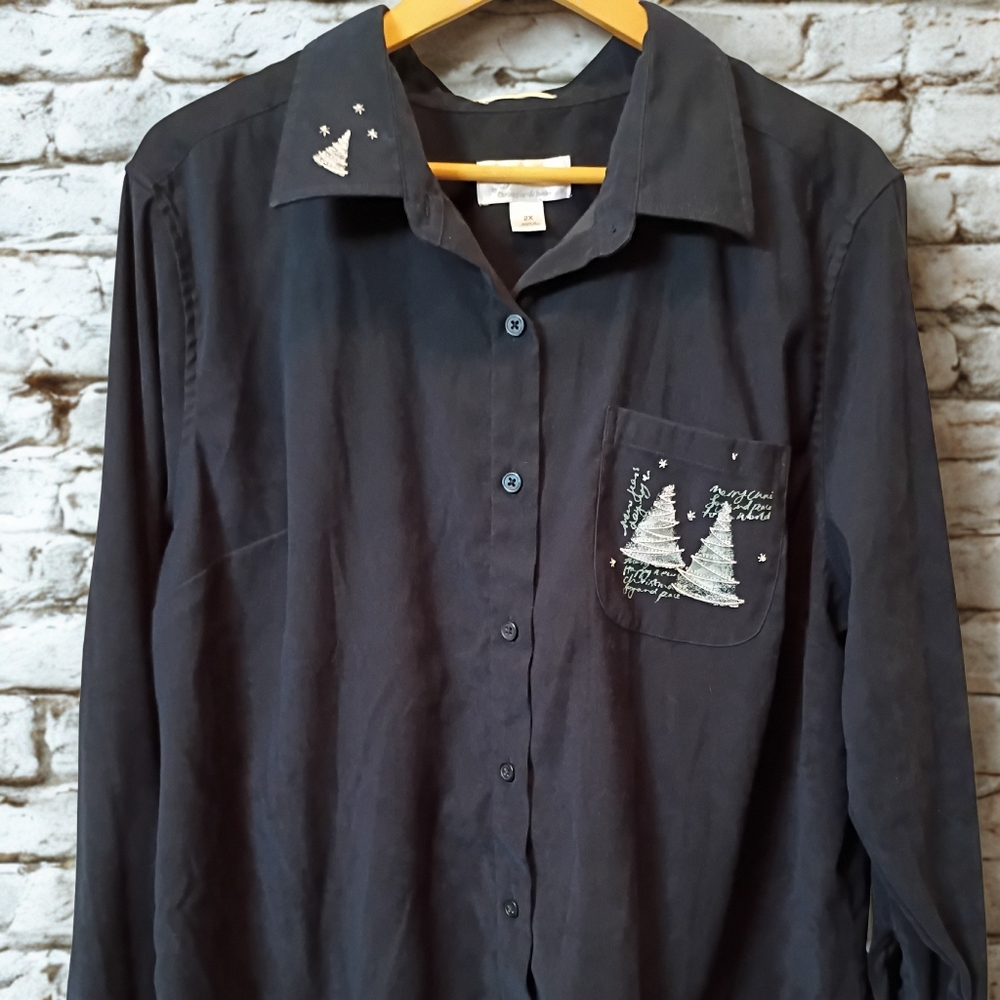 CJ Banks Black Button Down Shirt with Tree Embroidery